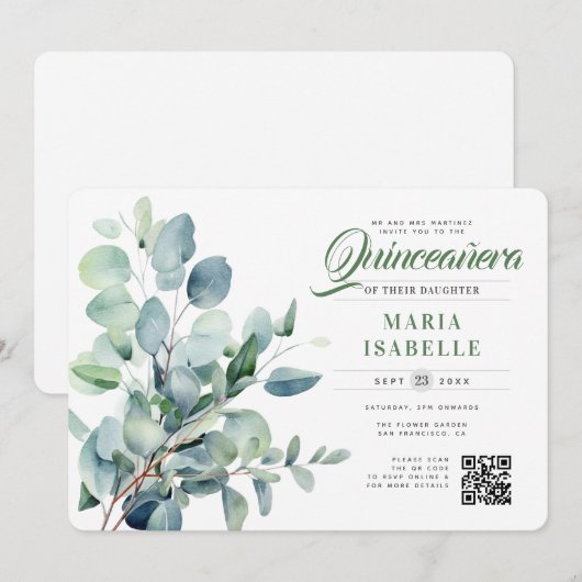 Emerald Green Eucalyptus Sage QR-code Quinceañera Kaart (Voorkant / Achterkant)