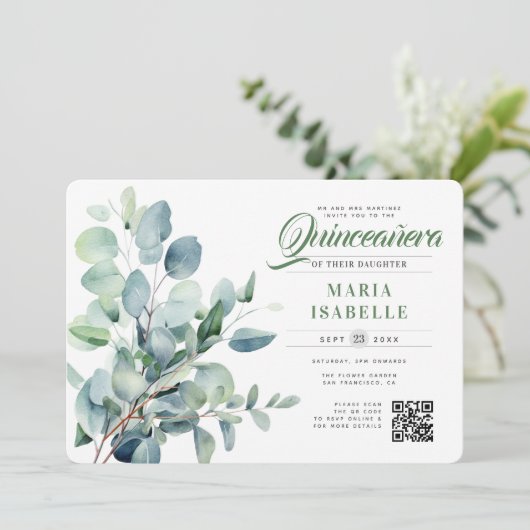 Emerald Green Eucalyptus Sage QR-code Quinceañera Kaart (Staand voorkant)