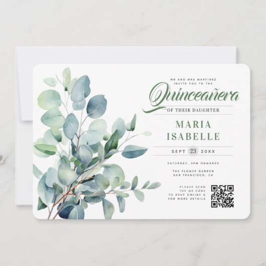 Emerald Green Eucalyptus Sage QR-code Quinceañera Kaart (Voorkant)