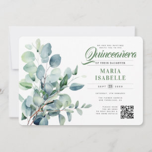 Emerald Green Eucalyptus Sage QR-code Quinceañera Kaart