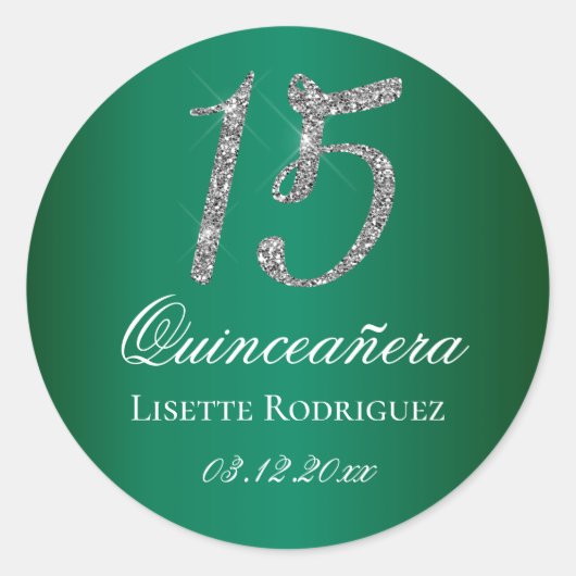 Emerald Green Faux 15 Quinceanera Ronde Sticker (Voorkant)