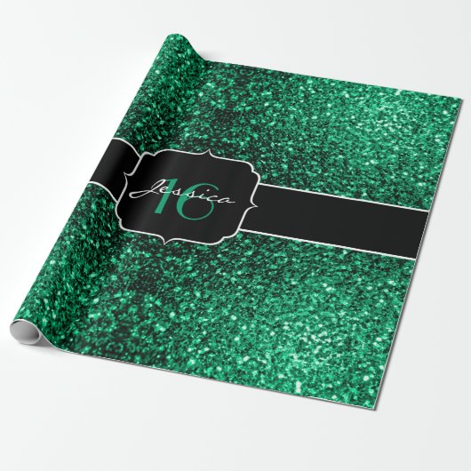 Emerald Green faux glitter sparkles Sweet 16 Cadeaupapier (Uitgerold)