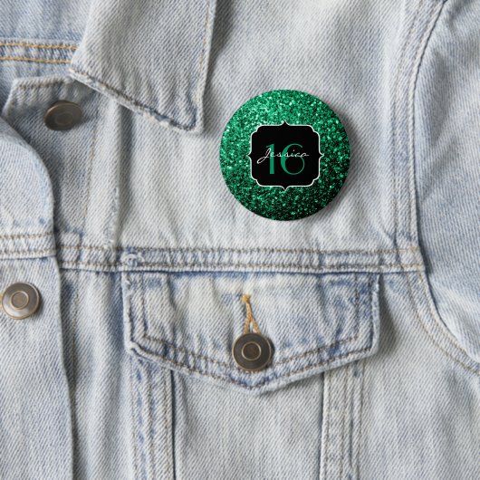 Emerald Green faux glitter sparkles Sweet 16 Ronde Button 5,7 Cm (In situ)