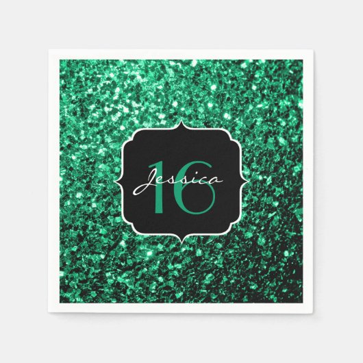 Emerald Green faux glitter sparkles Sweet 16 Servetten (Voorkant)
