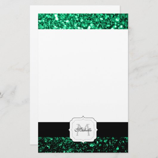 Emerald Green faux glitter sparter Monogram Briefpapier (Voorkant / Achterkant)