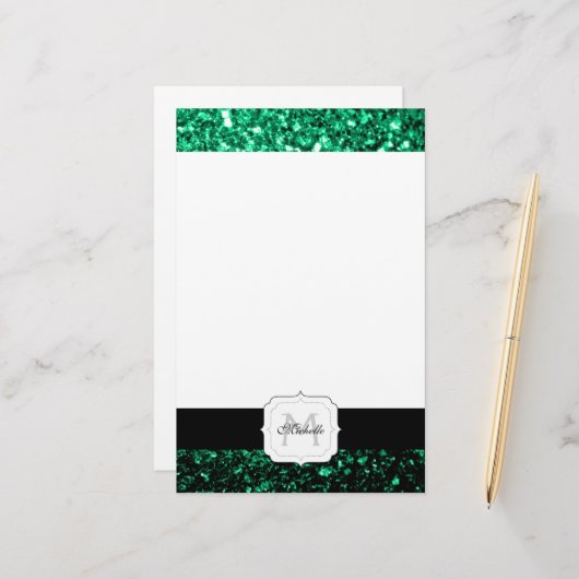 Emerald Green faux glitter sparter Monogram Briefpapier (Voorkant / Achterkant in situ)