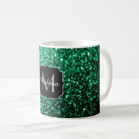 Emerald Green faux glitter sparter Monogram Koffiemok (Voorkant rechts)