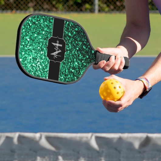 Emerald Green faux glitter sparter Monogram Pickleball Paddle (Insitu)