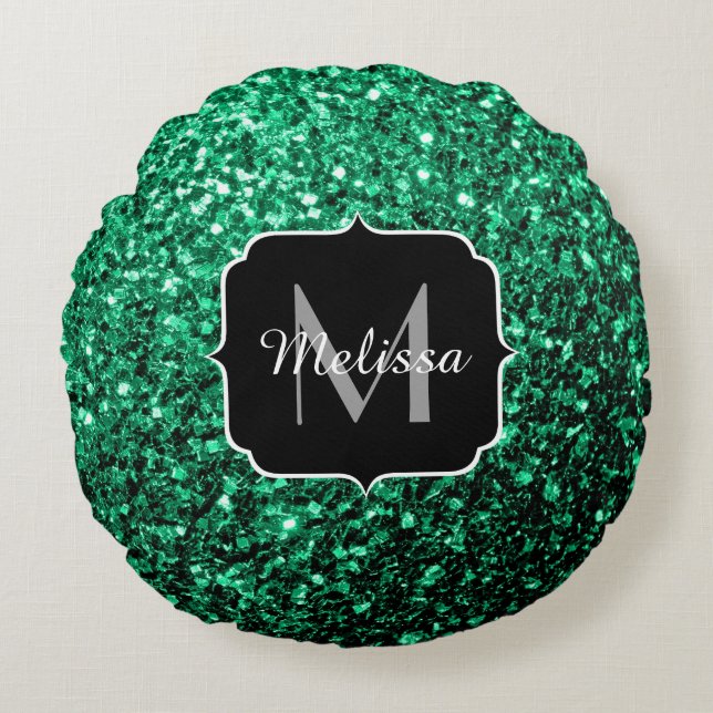 Emerald Green faux glitter sparter Monogram Rond Kussen (Voorkant)