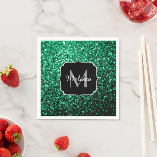 Emerald Green faux glitter sparter Monogram Servet (Insitu)