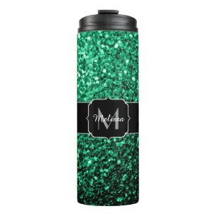 Emerald Green faux glitter sparter Monogram Thermosbeker
