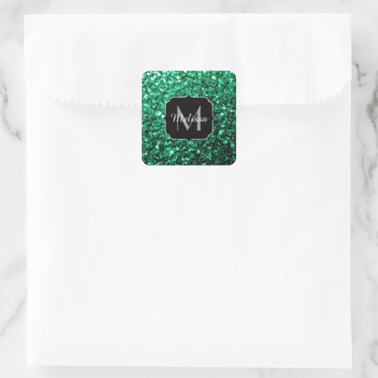 Emerald Green faux glitter sparter Monogram Vierkante Sticker (Tas)