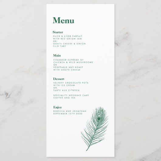 Emerald Green Feather Modern Wedding Menu Kaart (Voorkant)