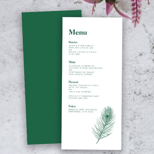 Emerald Green Feather Modern Wedding Menu Kaart