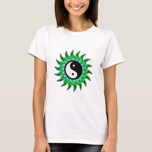 Emerald Green Flaming Yin Yang Sun T-shirt (Voorkant)