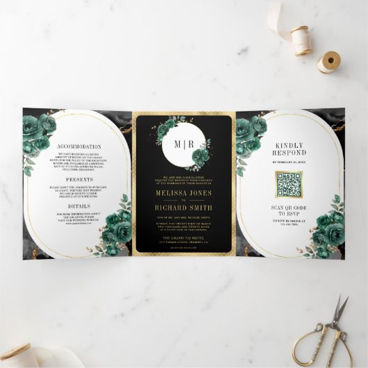 Emerald Green Floral Black Marble QR Code Wedding Drieluik Uitnodiging (Binnen)