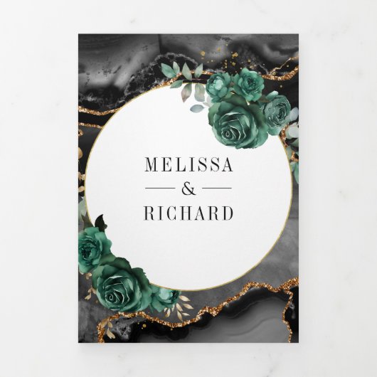 Emerald Green Floral Black Marble QR Code Wedding Drieluik Uitnodiging (Cover)