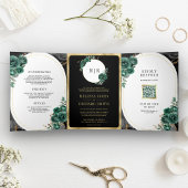 Emerald Green Floral Black Marble QR Code Wedding Drieluik Uitnodiging