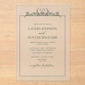 Emerald Green Floral Border Monogram Weddenschap Acryl Uitnodigingen (Voorkant)