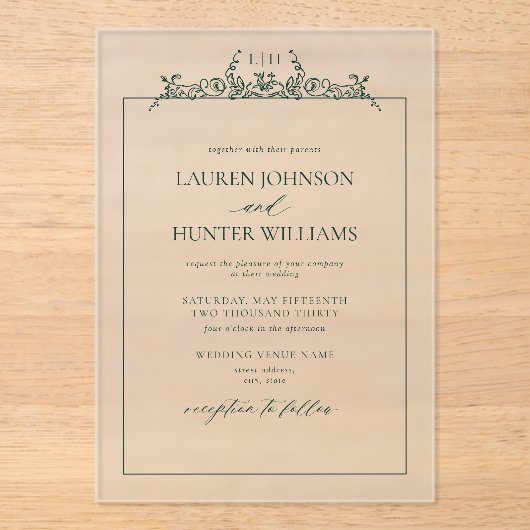Emerald Green Floral Border Monogram Weddenschap Acryl Uitnodigingen (Voorkant)