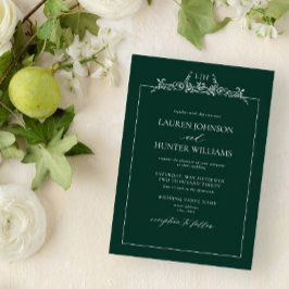 Emerald Green Floral Border Monogram Weddenschap Kaart