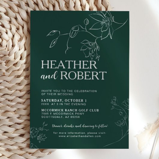 Emerald Green Floral Botanical Boho Simple Wedding Kaart