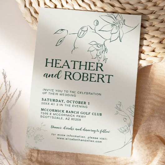 Emerald Green Floral Botanical Boho Wedding Kaart