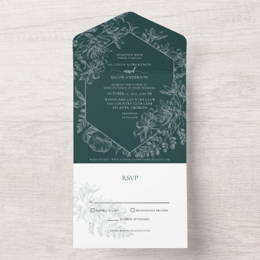 Emerald Green Floral Botanical Wedding All In One Uitnodiging (Binnen)