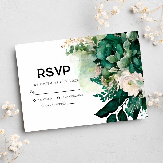 Emerald Green Floral Botanical Wedding RSVP Kaartje