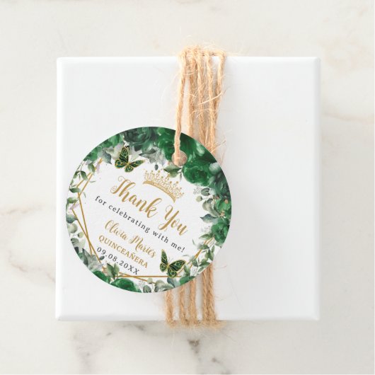 Emerald Green Floral Butterflies Gold Quinceañera Bedankjes Labels (In situ)