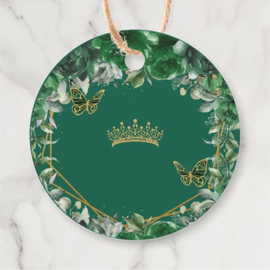 Emerald Green Floral Butterflies Gold Quinceañera Bedankjes Labels (Achterkant)