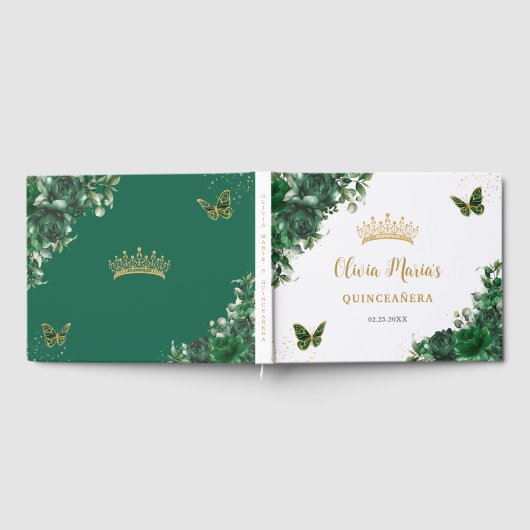Emerald Green Floral Butterflies Gold Quinceanera Gastenboek (Volledig)