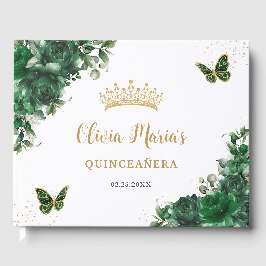 Emerald Green Floral Butterflies Gold Quinceanera Gastenboek (Voorkant)