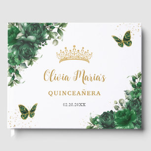 Emerald Green Floral Butterflies Gold Quinceanera Gastenboek