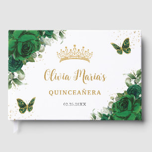 Emerald Green Floral Butterflies Gold Quinceanera Gastenboek
