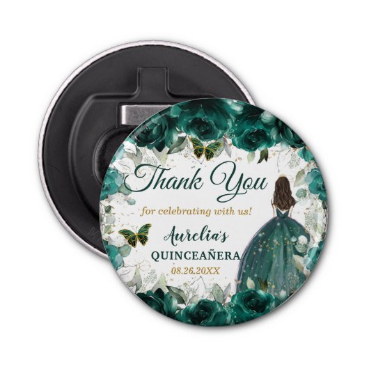 Emerald Green Floral Butterflies Princess Favor Button Flesopener (Voorkant)