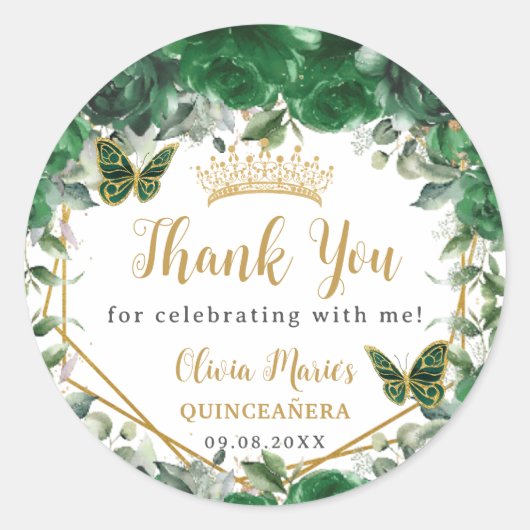 Emerald Green Floral Butterflies Quinceañera Favor Ronde Sticker (Voorkant)