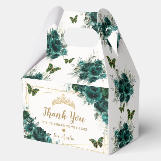 Emerald Green Floral Butterflies Quinceanera Gable Bedankdoosjes (Achterkant)
