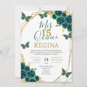 Emerald Green Floral Butterflies Quinceañera Kaart (Voorkant)