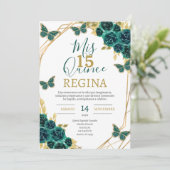 Emerald Green Floral Butterflies Quinceañera Kaart (Staand voorkant)