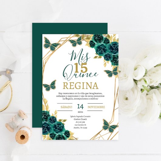Emerald Green Floral Butterflies Quinceañera Kaart