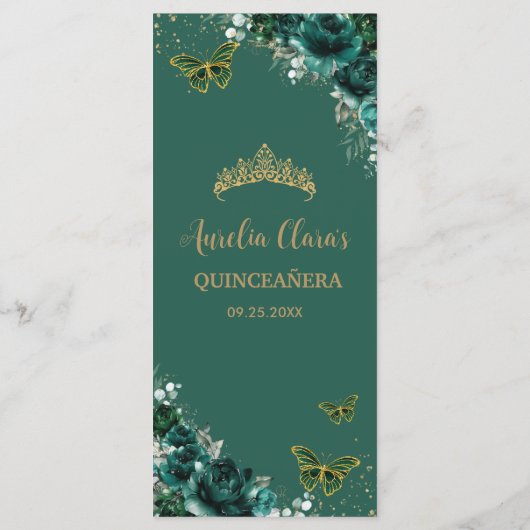 Emerald Green Floral Butterflies Quinceanera Menu (Achterkant)