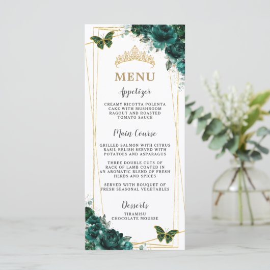 Emerald Green Floral Butterflies Quinceanera Menu (Staand voorkant)