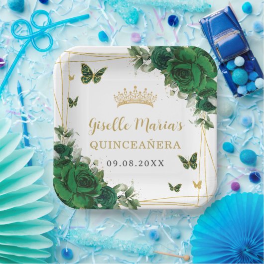 Emerald Green Floral Butterflies Quinceañera Papieren Bordje (Feest)