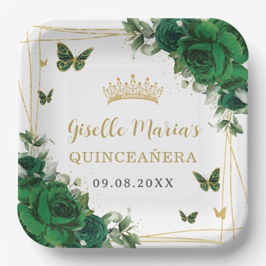 Emerald Green Floral Butterflies Quinceañera Papieren Bordje (Voorkant)