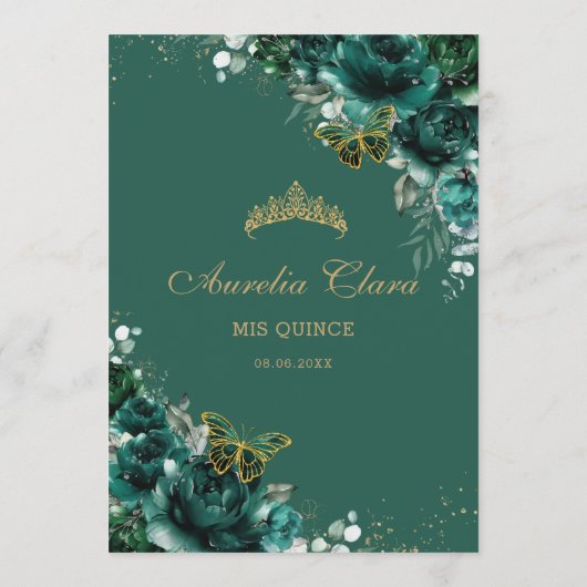 Emerald Green Floral Butterflies Quinceanera Programmakaart (Achterkant)