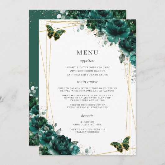 Emerald Green Floral Butterflies Quinceanera Programmakaart (Voorkant / Achterkant)