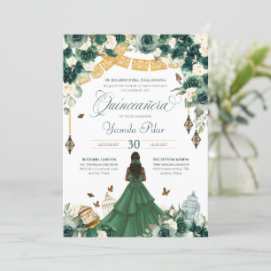 Emerald Green Floral Butterfly Elegant Quince 15th Kaart
