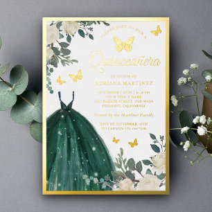 Emerald Green Floral Butterfly Quinceanera Gold Folie Uitnodiging