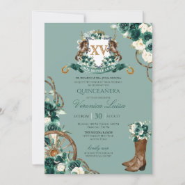 Emerald Green Floral Crest Charro Quinceanera Invi Kaart